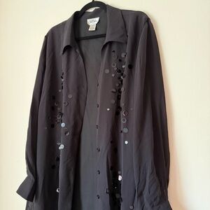 Bob Mackie Wearable Art 100% Silk Black Sequin Long Sleeve Shirt, 22W